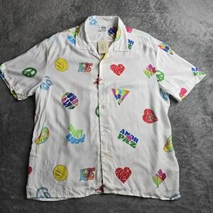 J Balvin X Guess Love Shirt Mens Small White Multicolor Peace 70s Button Up S/S
